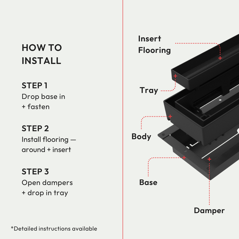 Fittes Under Mount vent tray holding a cut piece of flooring